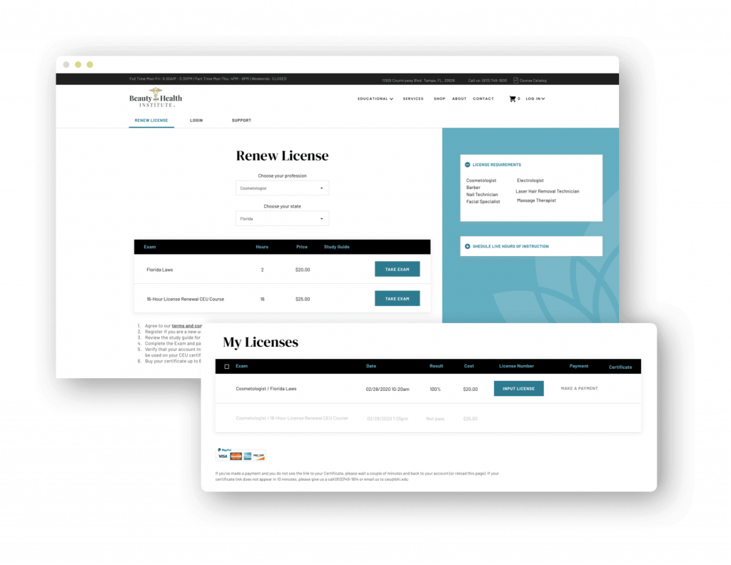 BHI exams and license renewals